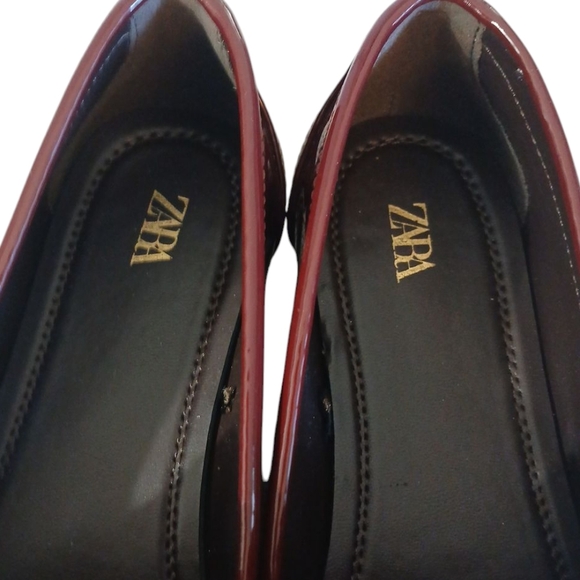 Zara Burgundy Patent Leather Loafers Women's Red Slip On Flats Size 6 - Picture 5 of 11